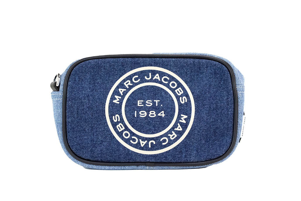 blue denim camera bag