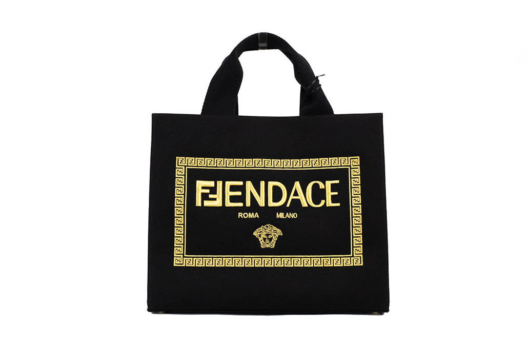 New Fendi X Versace Fendace Collaboration Sunshine Black Gold Shopper Tote  Bag