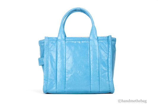 marc jacobs the shiny crinkle mini tote air blue back on white background