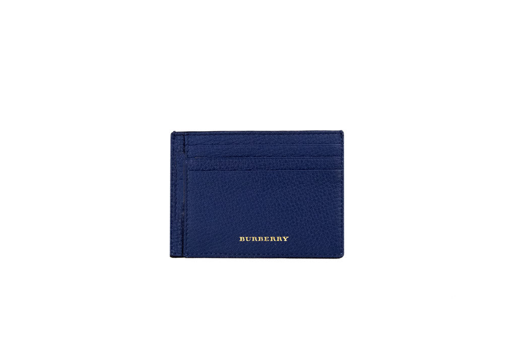 Burberry House Check Chase Deep Blue Grainy Leather Money Clip Card Case Wallet