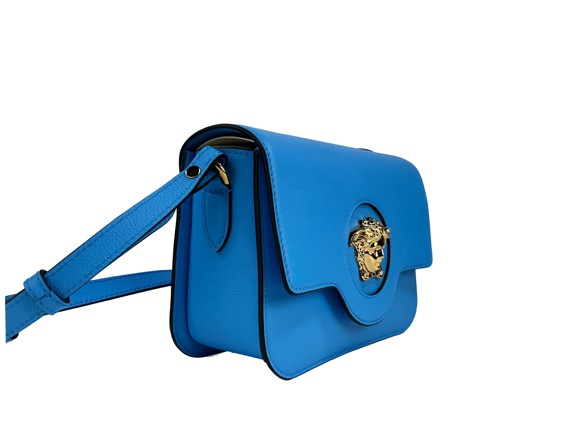 Versace La Medusa Blue Leather Shoulder Crossbody Bag Purse