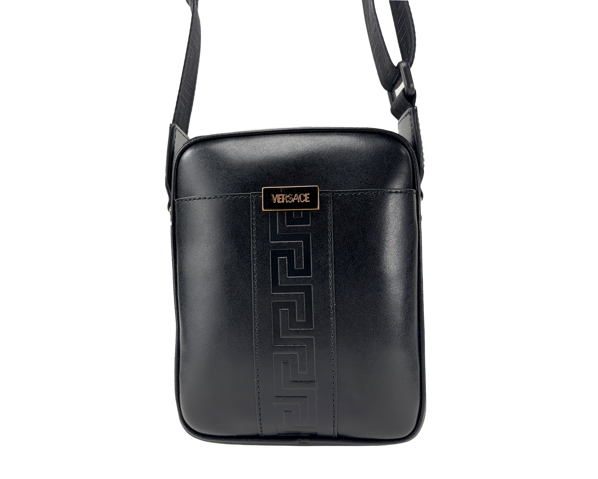Versace Black Leather Greca Crossbody Bag