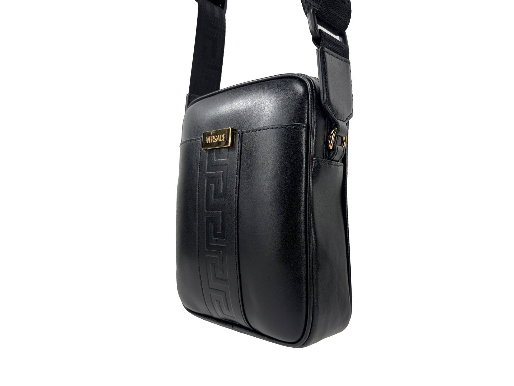 Versace Black Leather Greca Crossbody Bag