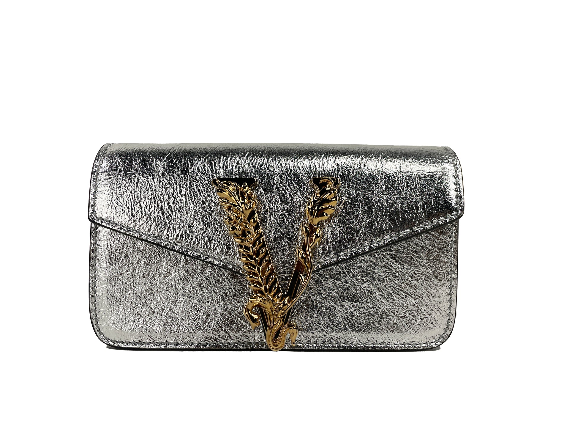 Versace Virtus Leather Silver Mini Chain Crossbody Bag