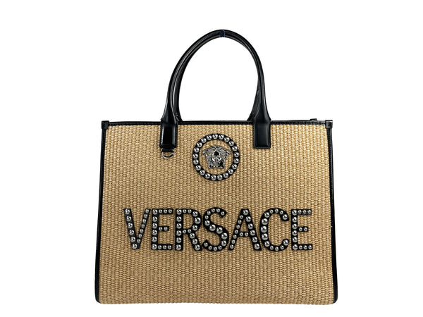 Versace Medusa Studded Raffia Leather Trim Tote Bag