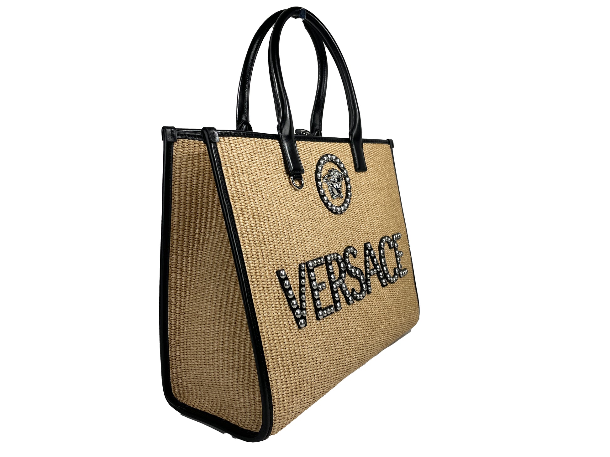 Versace Medusa Studded Raffia Leather Trim Tote Bag