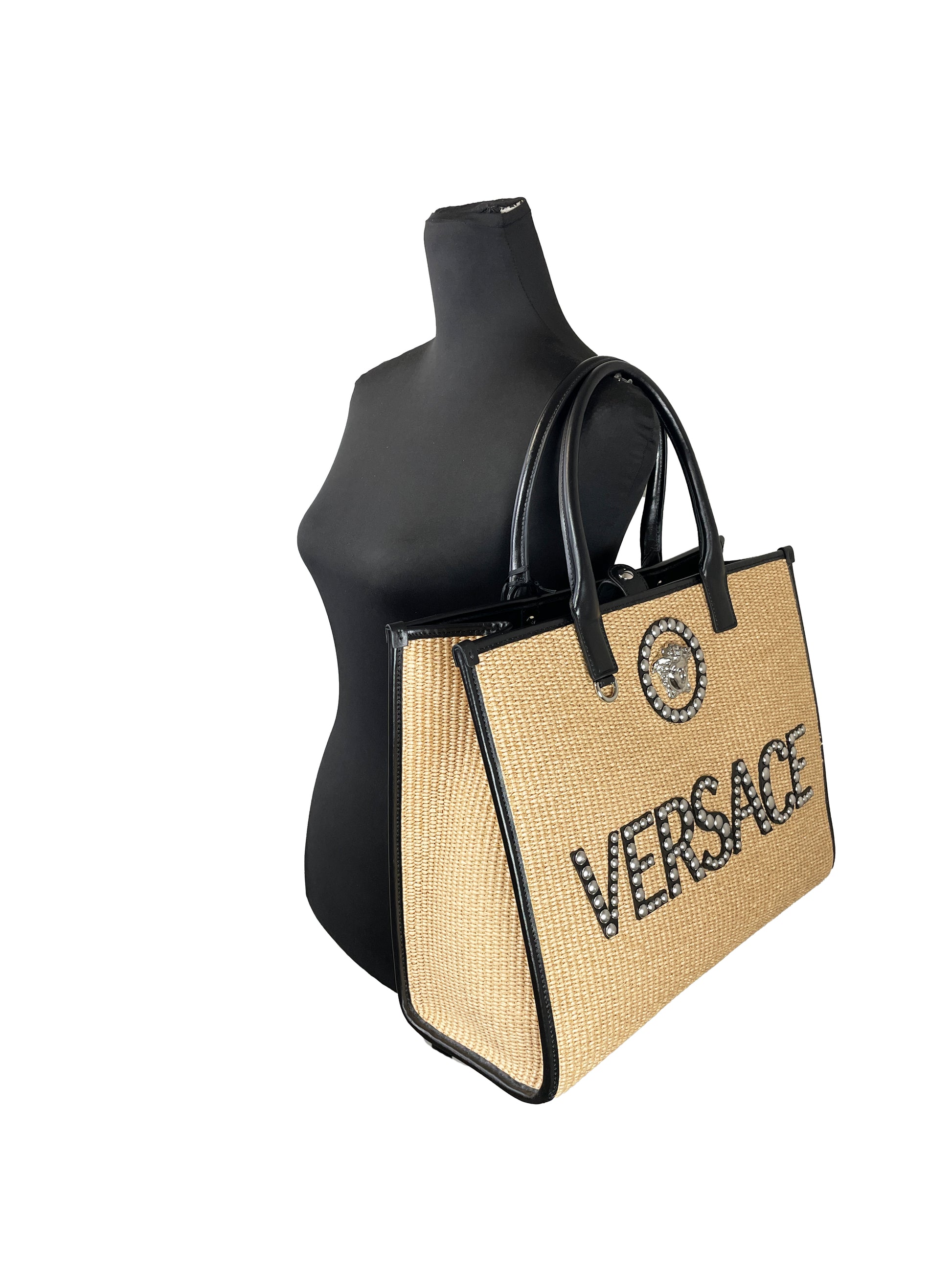 Versace Medusa Studded Raffia Leather Trim Tote Bag