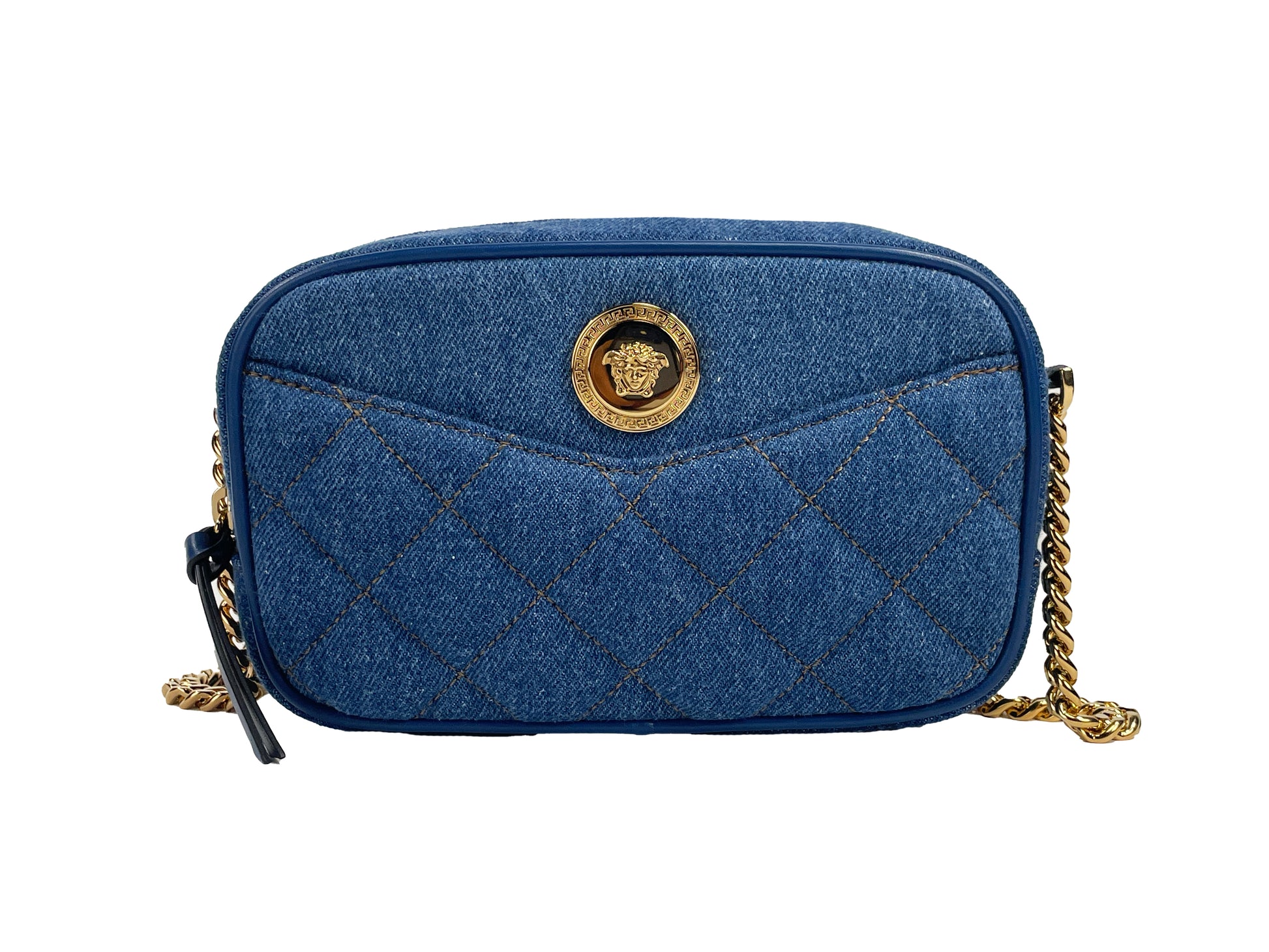 Versace Small Quilted Denim Chain Camera Crossbody Bag