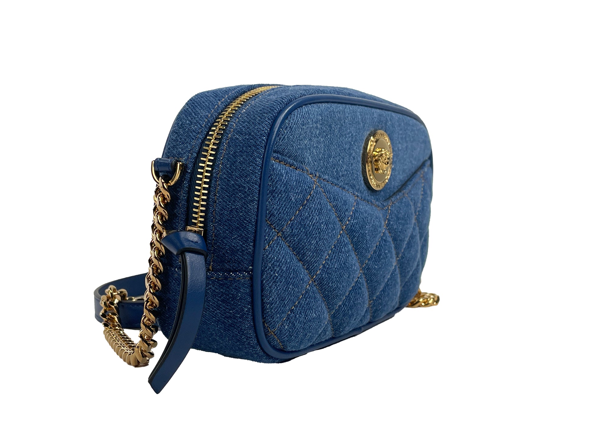 Versace Small Quilted Denim Chain Camera Crossbody Bag