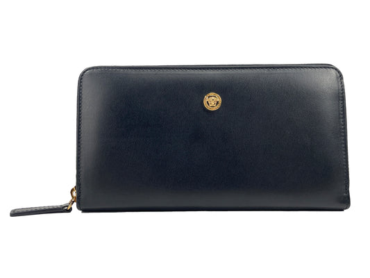 Versace Black Leather Continental Clutch Zip Wallet