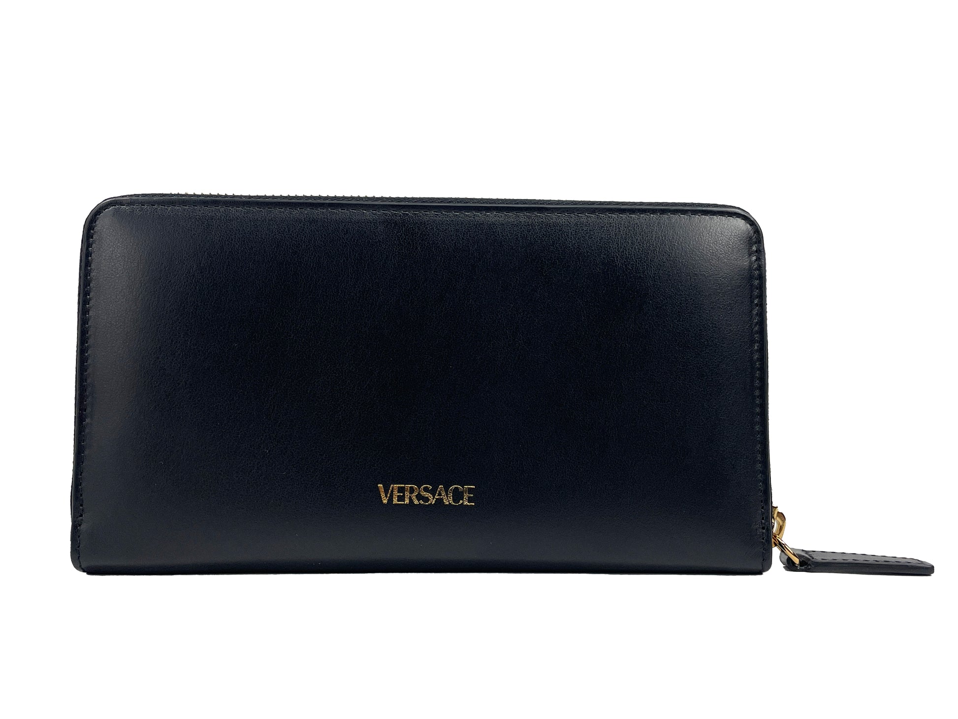 Versace Black Leather Continental Clutch Zip Wallet