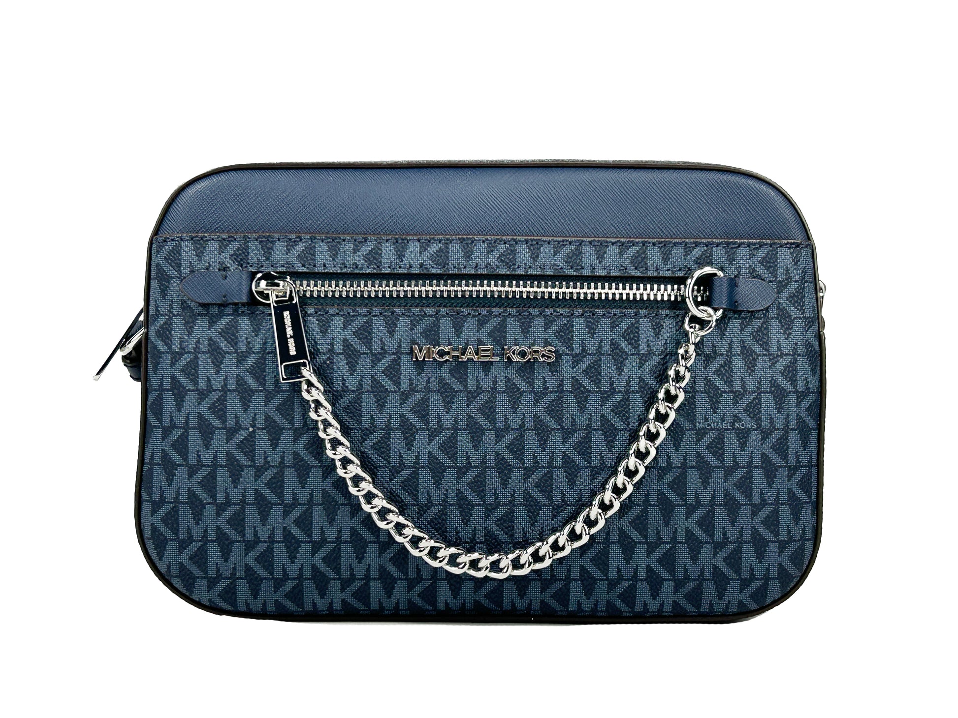 Michael Kors Jet Set East West Navy Leather Zip Chain Crossbody Bag