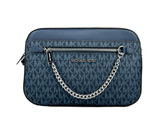 Michael Kors Jet Set East West Navy Leather Zip Chain Crossbody Bag