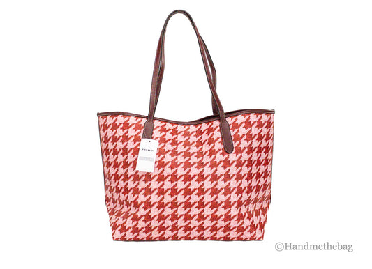 coach pink red houndstooth city tote back on white background