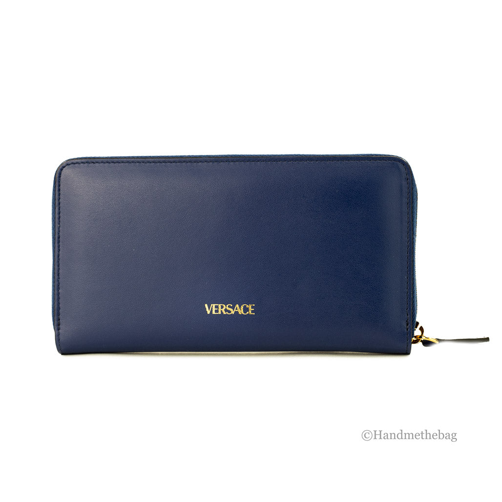 Versace Navy Leather Medusa Continental Clutch Wallet