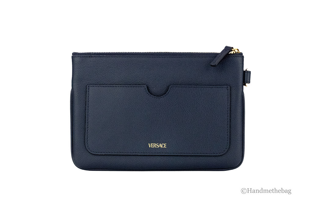 Versace Small Navy Pebbled Leather Wristlet Clutch Pouch