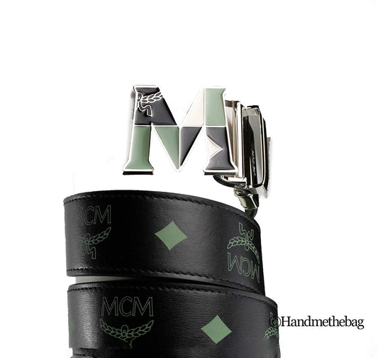MCM Black Leather Adjustable Reversible Buckle Belt