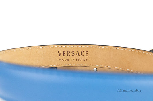 versace dv blue slim medusa buckle belt logo on white background