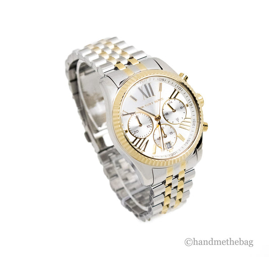 michael kors mk5955 lexington silver gold watch angled on white background