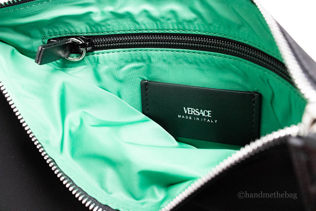versace large black nylon pouch inside on white background