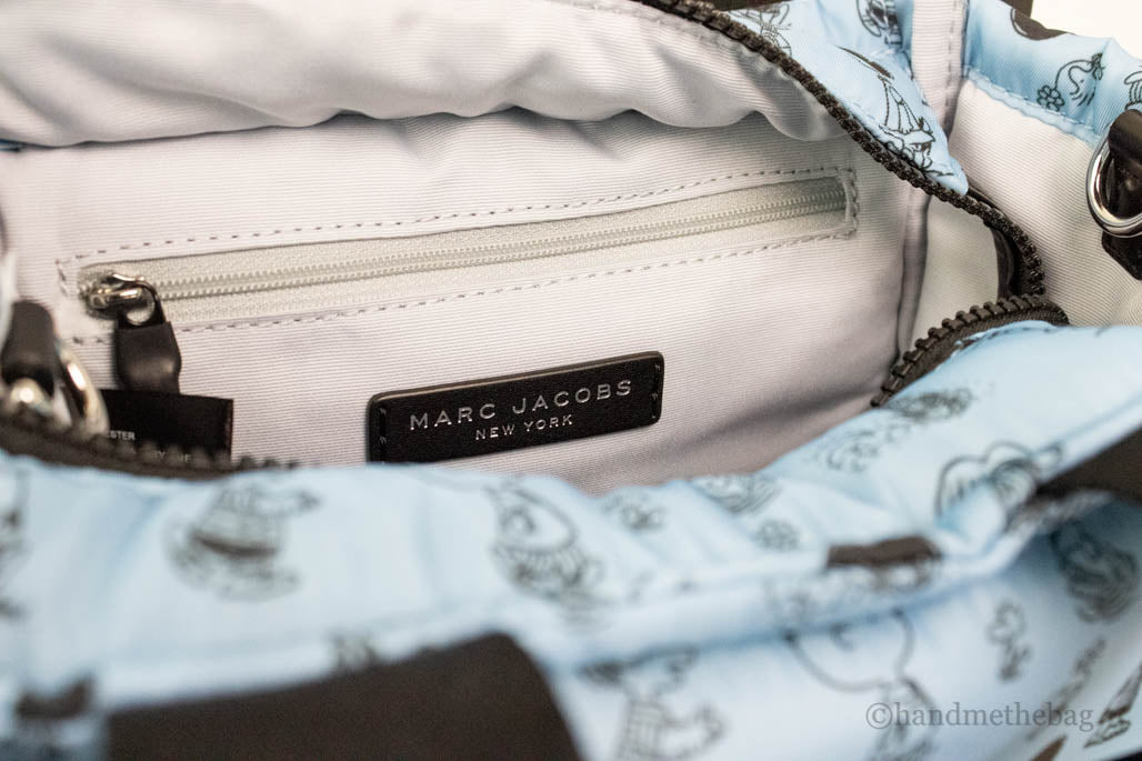 marc jacobs x peanuts air blue puffy tote inside on white background