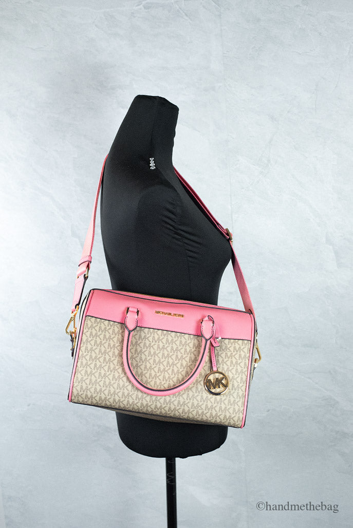 Michael Kors Travel Medium Tea Rose Signature PVC Duffle Crossbody Handbag Purse