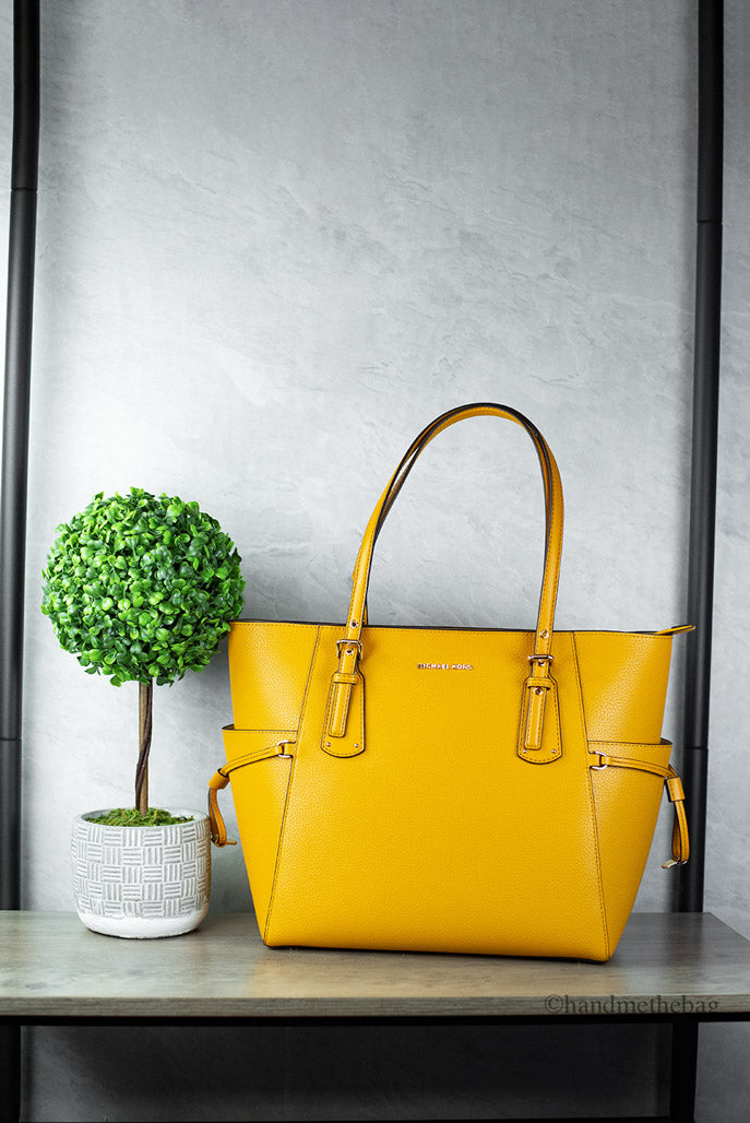 Michael Kors Voyager Travel Shoulder Tote Marigold Yellow Pebbled Leather