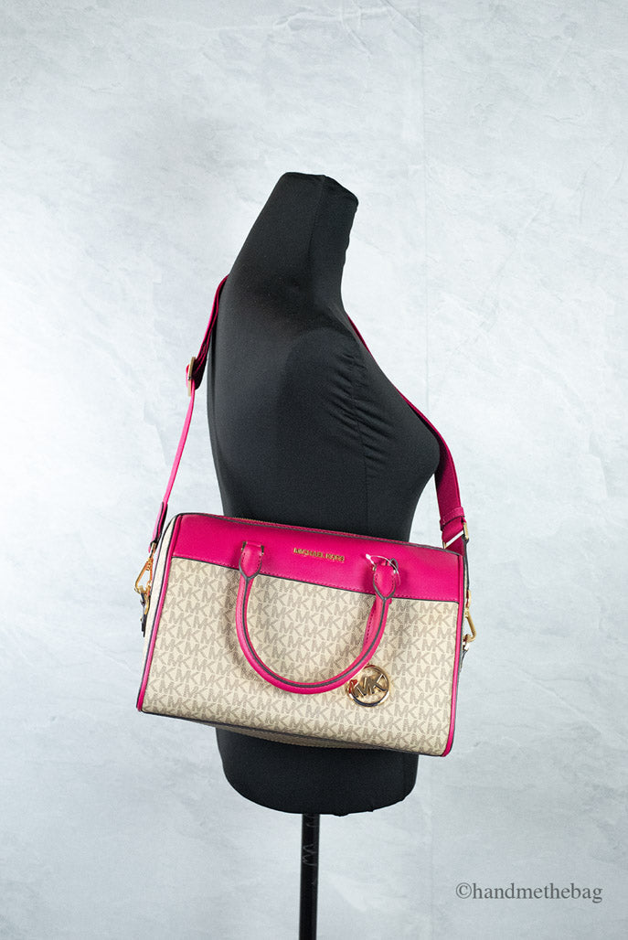 Michael Kors Travel Medium Carmine Pink Signature PVC Duffle Crossbody Handbag