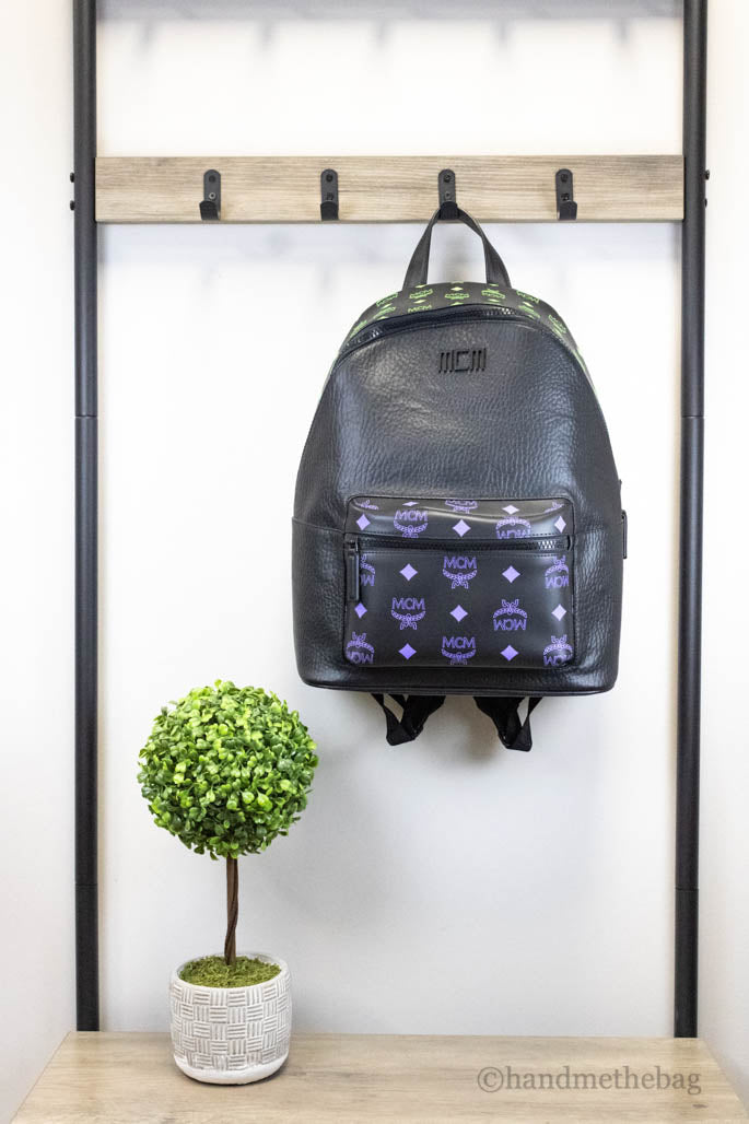 mcm color splash green purple backpack hanging