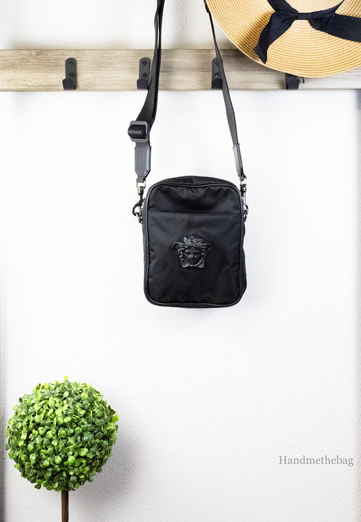 versace black nylon crossbody hanging