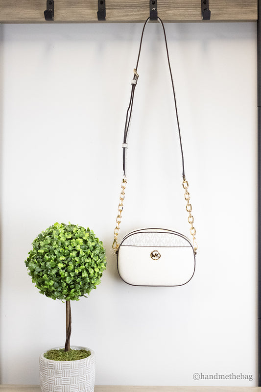 Michael Kors Jet Set Glam Light Cream Leather Front Pocket Oval Crossbody Handbag