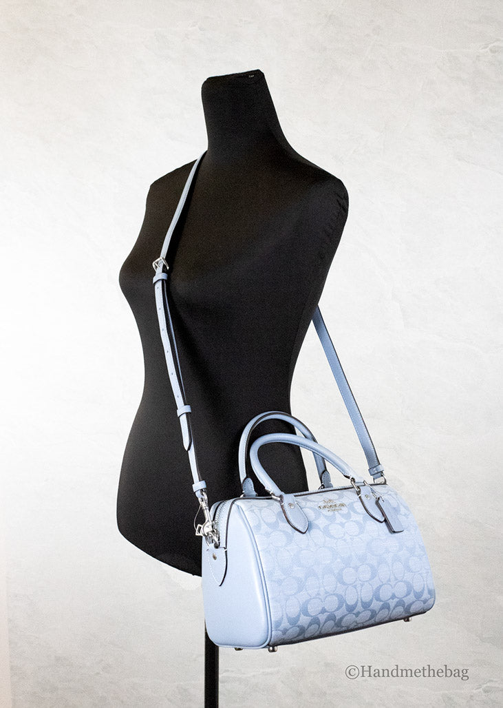 coach rowan cornflower canvas satchel on mannequin
