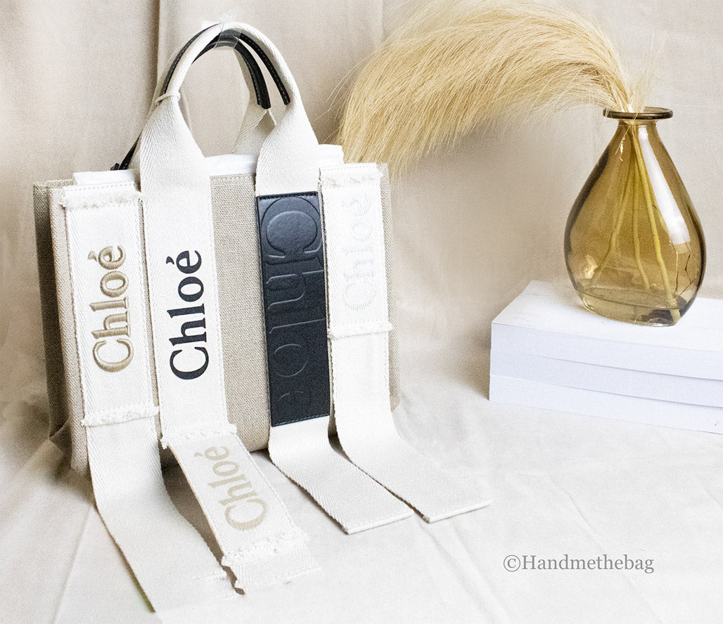 Chloe Small Undone Straps Sand Woody Tote Canvas Fabric Crossbody Handbag Purse