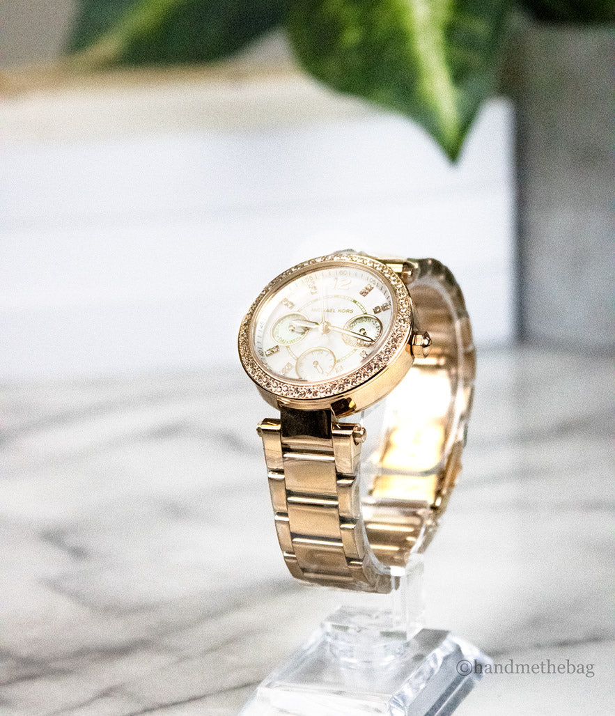 michael kors mk5616 parker rose gold watch on marble table