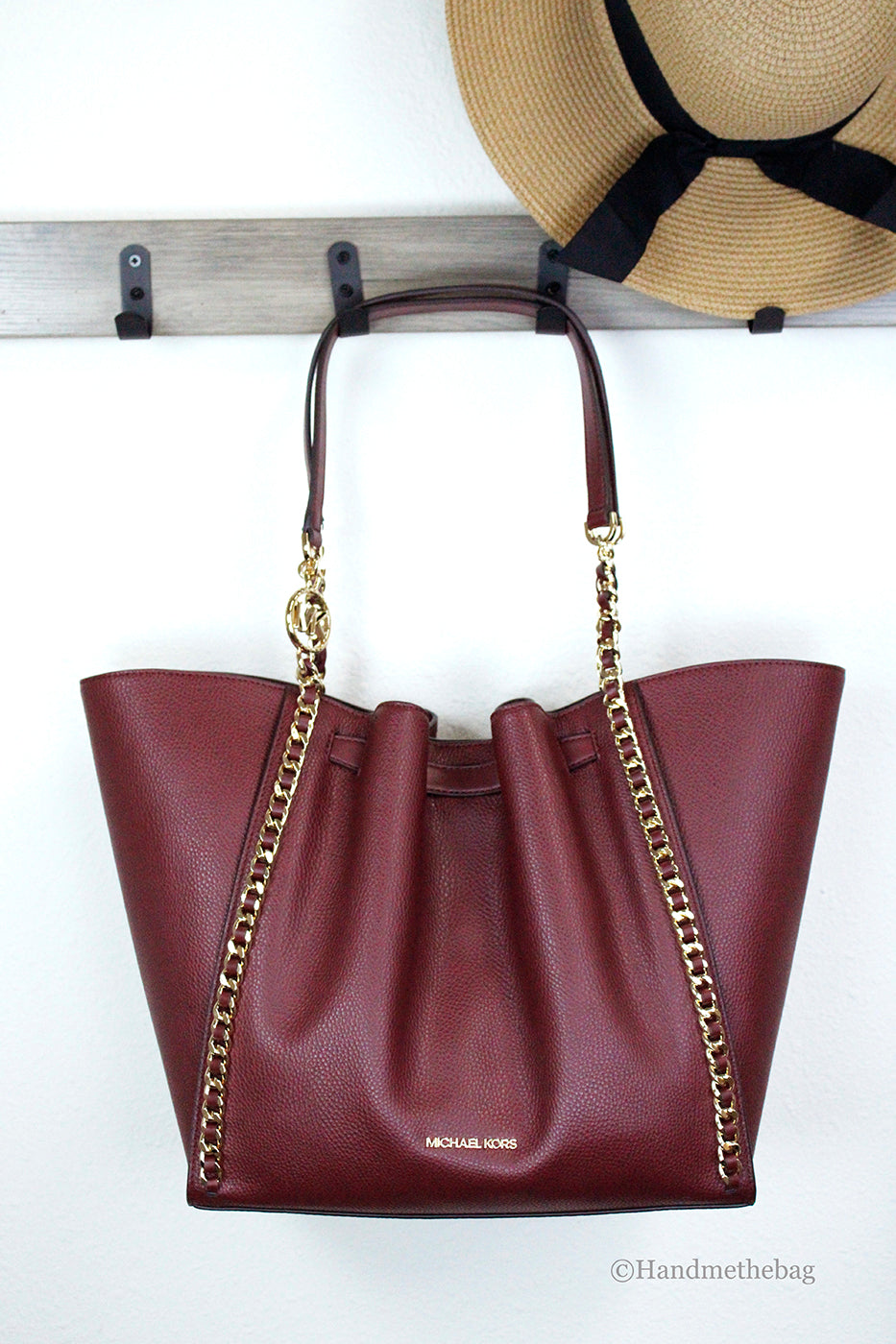Michael Kors Mina Large Dark Cherry Leather Belted Chain Tote