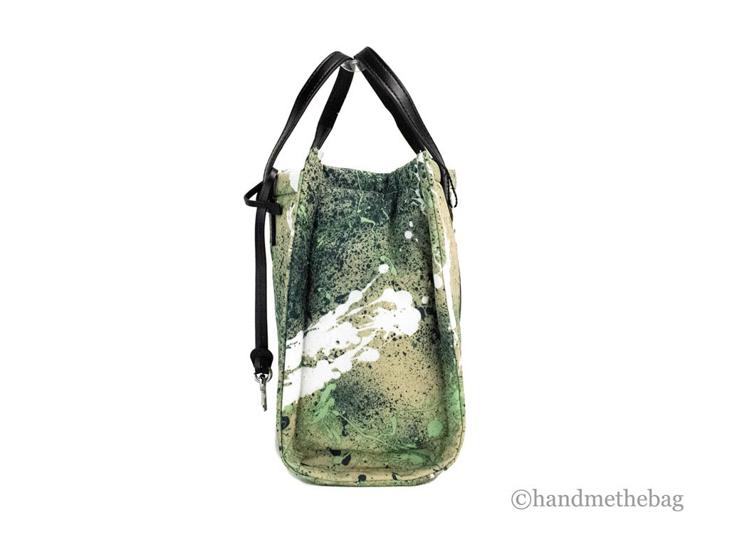 marc jacobs green splatter paint tote side on white background