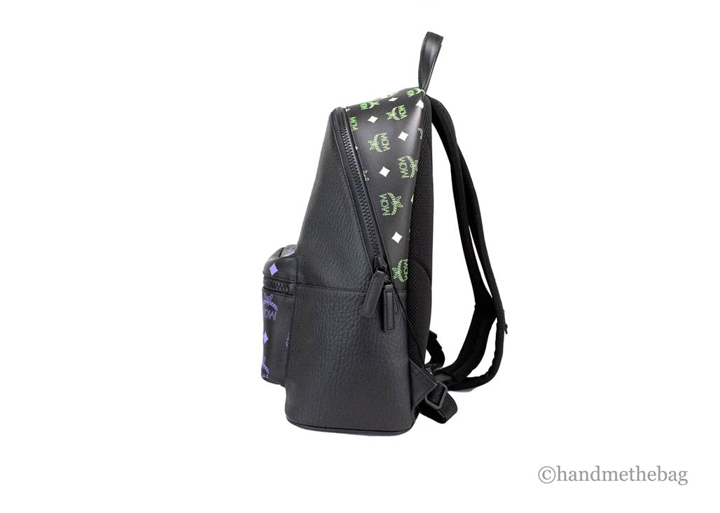 mcm color splash green purple backpack side on white background