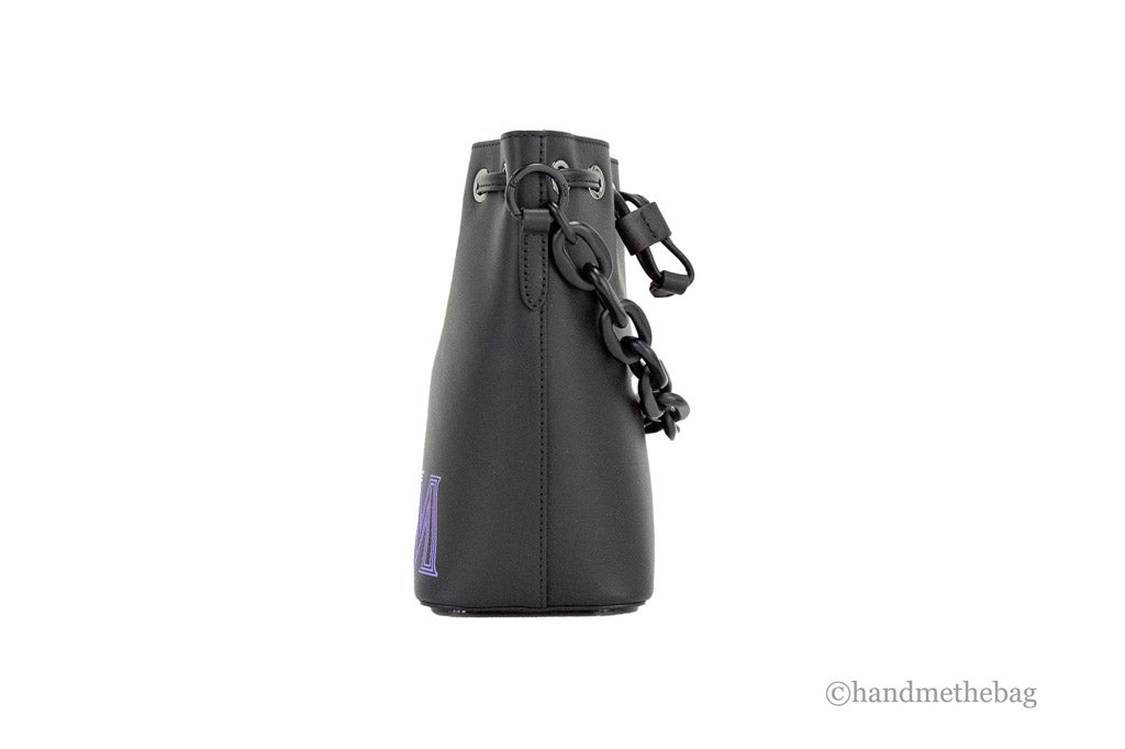 mcm mini black purple leather chain bucket bag side on white background