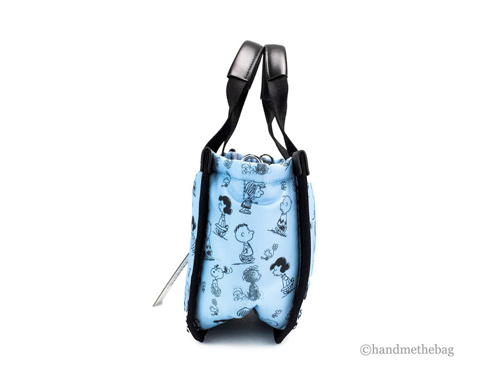marc jacobs x peanuts air blue puffy tote side on white background