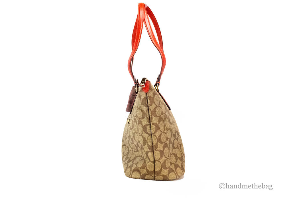 coach khaki electric red gallery tote side on white background