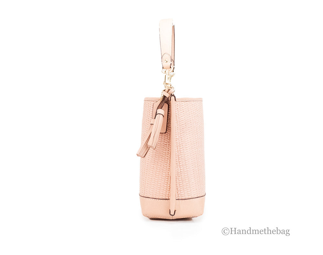 coach mollie 22 shell pink straw bucket side on white background