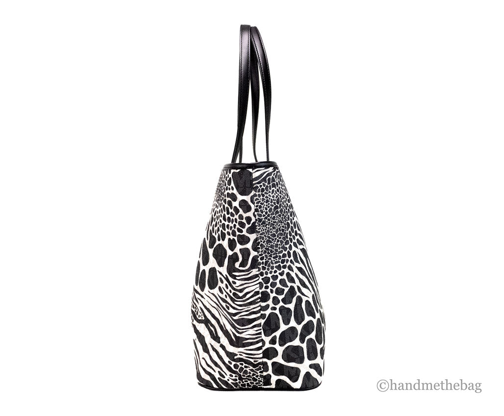 michael kors carter black animal print tote side on white background