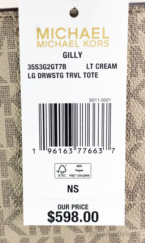 michael kors gilly travel print tote tag on white background