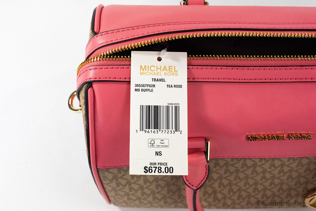 Michael Kors Travel Medium Tea Rose Signature PVC Duffle Crossbody Handbag Purse