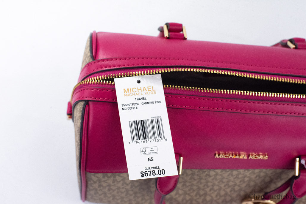 Michael Kors Travel Medium Carmine Pink Signature PVC Duffle Crossbody Handbag