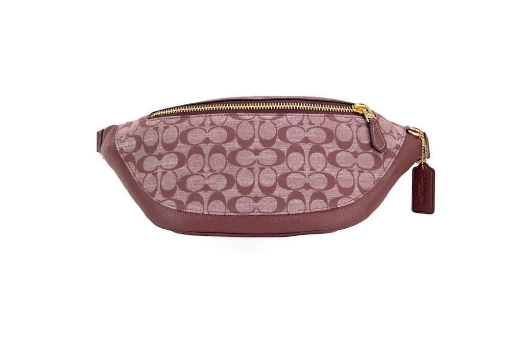 coach warren wine chambray belt bag on white background