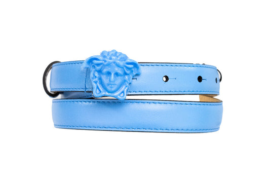 versace dv blue slim medusa buckle belt on white background