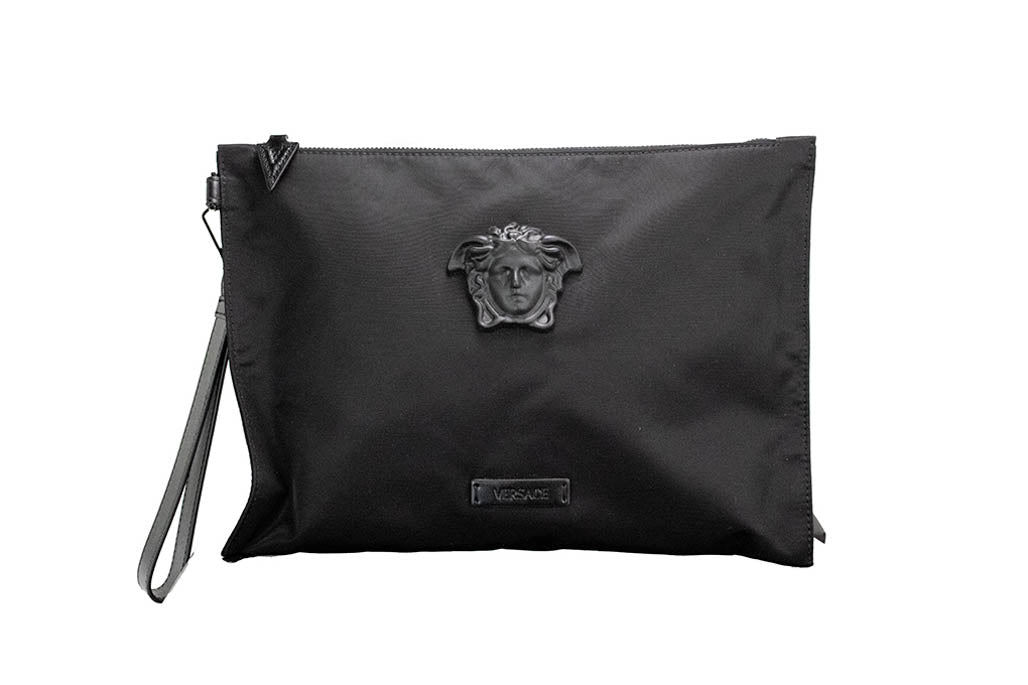 versace large black nylon pouch on white background