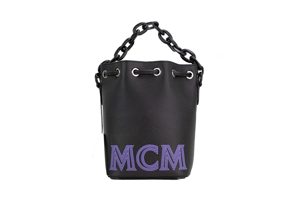 mcm mini black purple leather chain bucket bag on white background