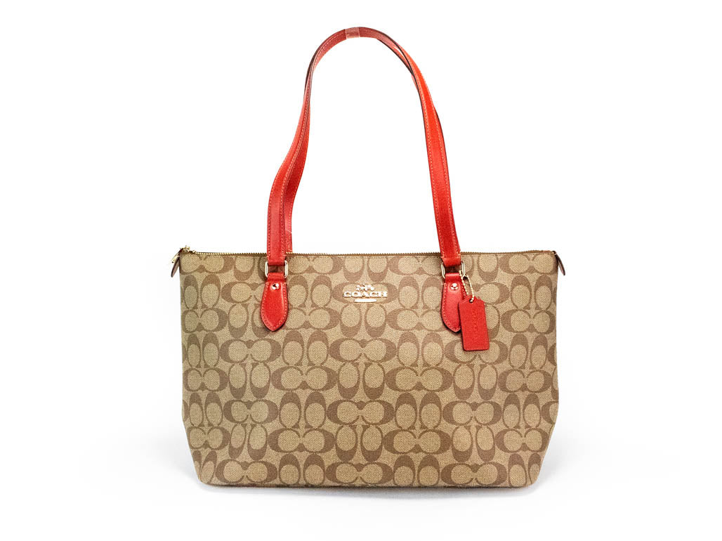 coach khaki electric red gallery tote on white background